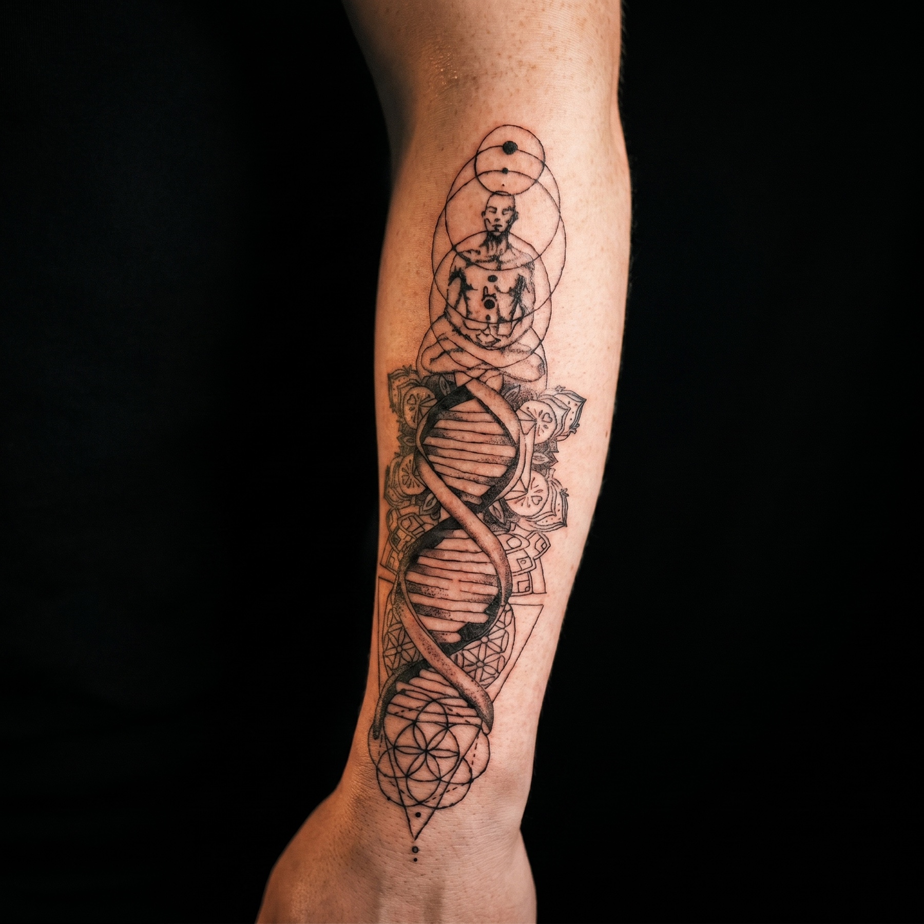 Black and grey conceptual hourglass tattoo with figures on a forearm