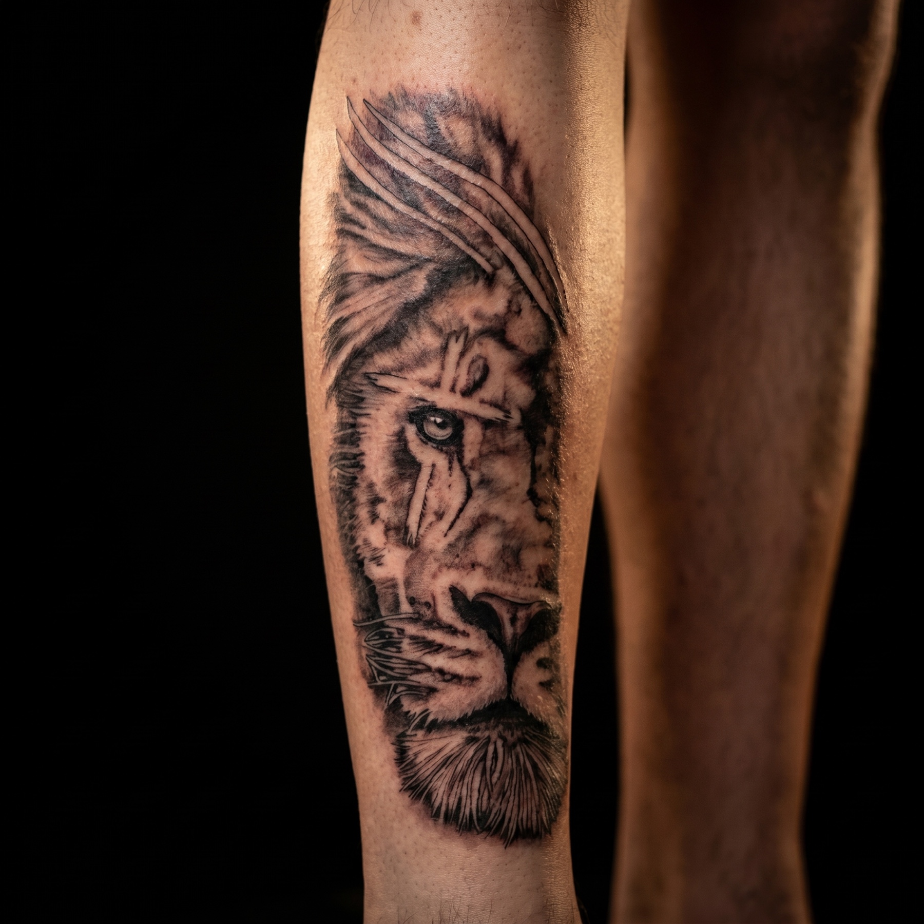 Black and grey lion portrait tattoo on a forearm